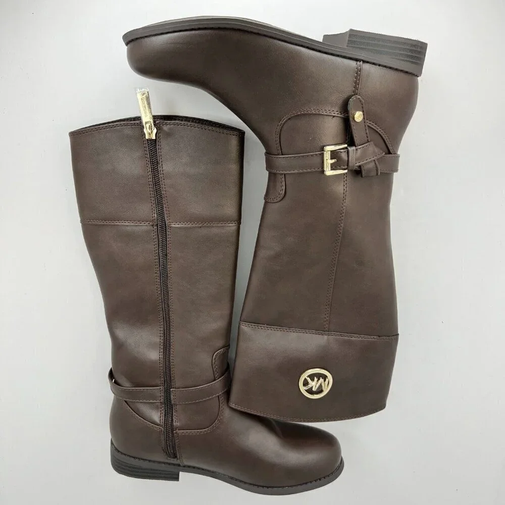 Michael Kors Girls Brown Flat Fully Zip Gold MK Logo Tone Size 3 Riding Boots